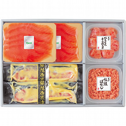 〈王子サーモン〉スモークサーモン・西京漬・辛子明太子・紅鮭焼きほぐし詰合せ