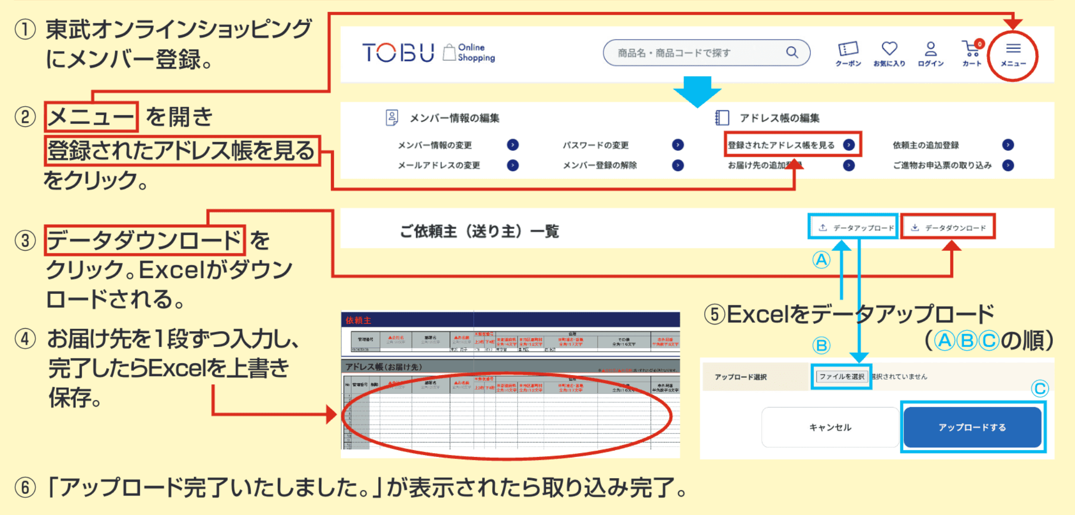 1.東武オンラインショッピングにメンバー登録 2.メニューを開き登録されたアドレス帳を見るをクリック 3.データダウンロードをクリック。Excelがダウンロードされる 4.お届け先を1段ずつ入力し、完了したらExcelを上書き保存 5.Excelをデータアップロード 6.「アップロード完了いたしました。」が表示されれば取り込み完了